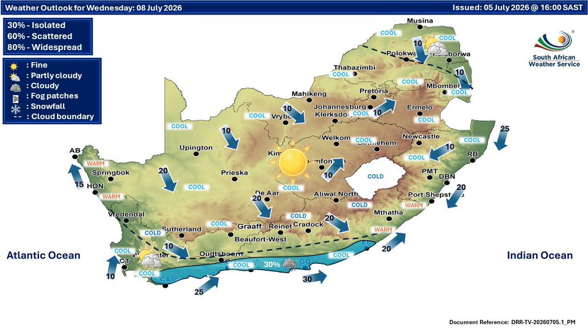GCISNorthernCap's tweet photo. Weather forecast for today 08   July 2026.
#saws #weatheroutlook   #southafricanweather #GovZAUpdates https://t.co/whzRm3isfb