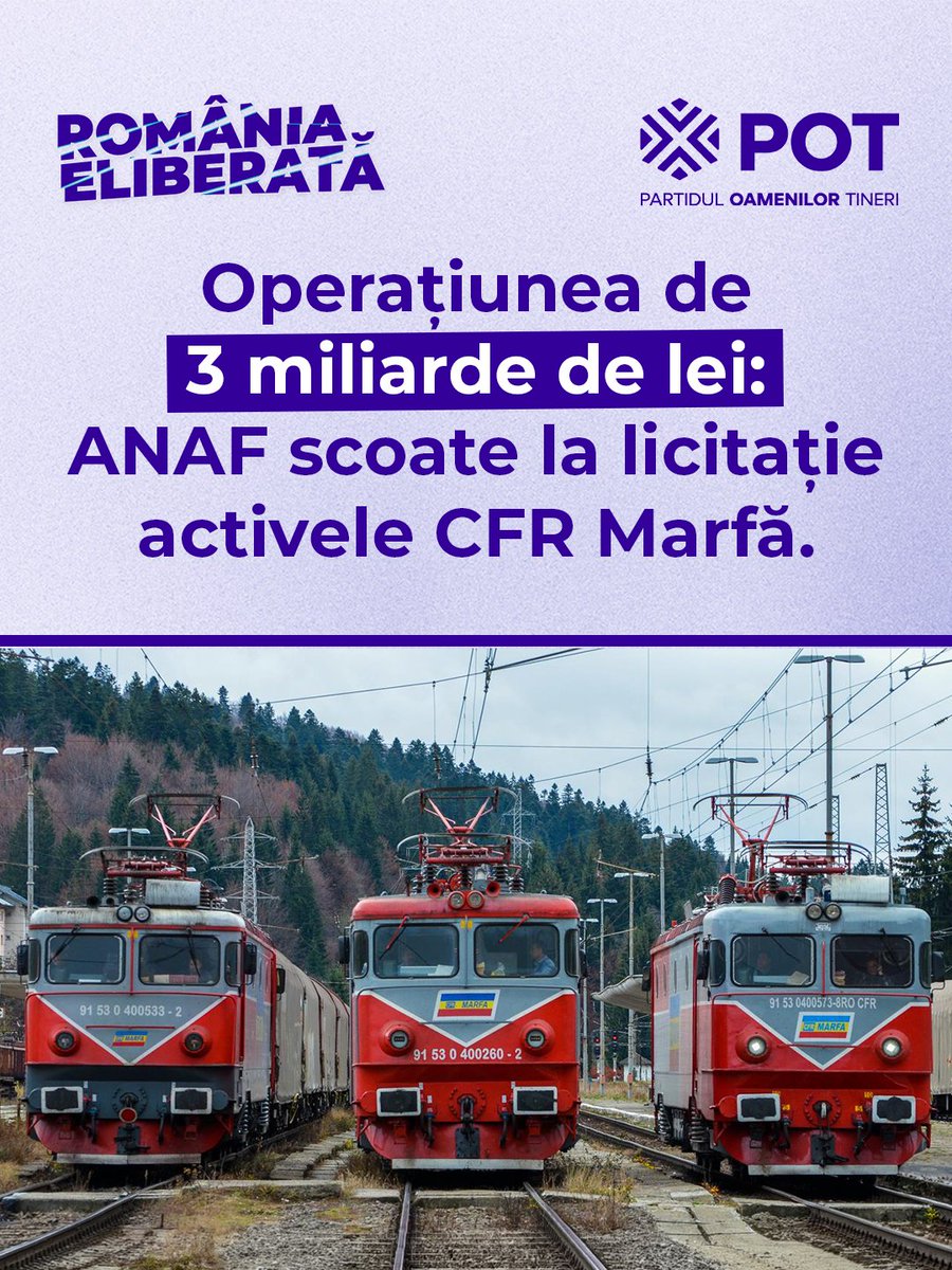 PartidulPOT's tweet photo. ANAF scoate la licitație mii de vagoane, sute de locomotive și proprietăți CFR Marfă.

Întrebarea nu este doar cât recuperează statul. Întrebarea este cine răspunde pentru faptul că o companie strategică a fost adusă aici.

❗ România nu poate funcționa prin lichidări de avarie.

#partiduloamenilortineri #infrastructura #CFRmarfa #romania #romaniaeliberata