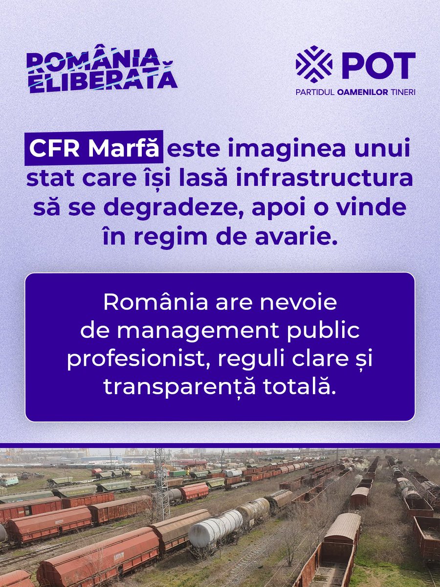 PartidulPOT's tweet photo. ANAF scoate la licitație mii de vagoane, sute de locomotive și proprietăți CFR Marfă.

Întrebarea nu este doar cât recuperează statul. Întrebarea este cine răspunde pentru faptul că o companie strategică a fost adusă aici.

❗ România nu poate funcționa prin lichidări de avarie.

#partiduloamenilortineri #infrastructura #CFRmarfa #romania #romaniaeliberata