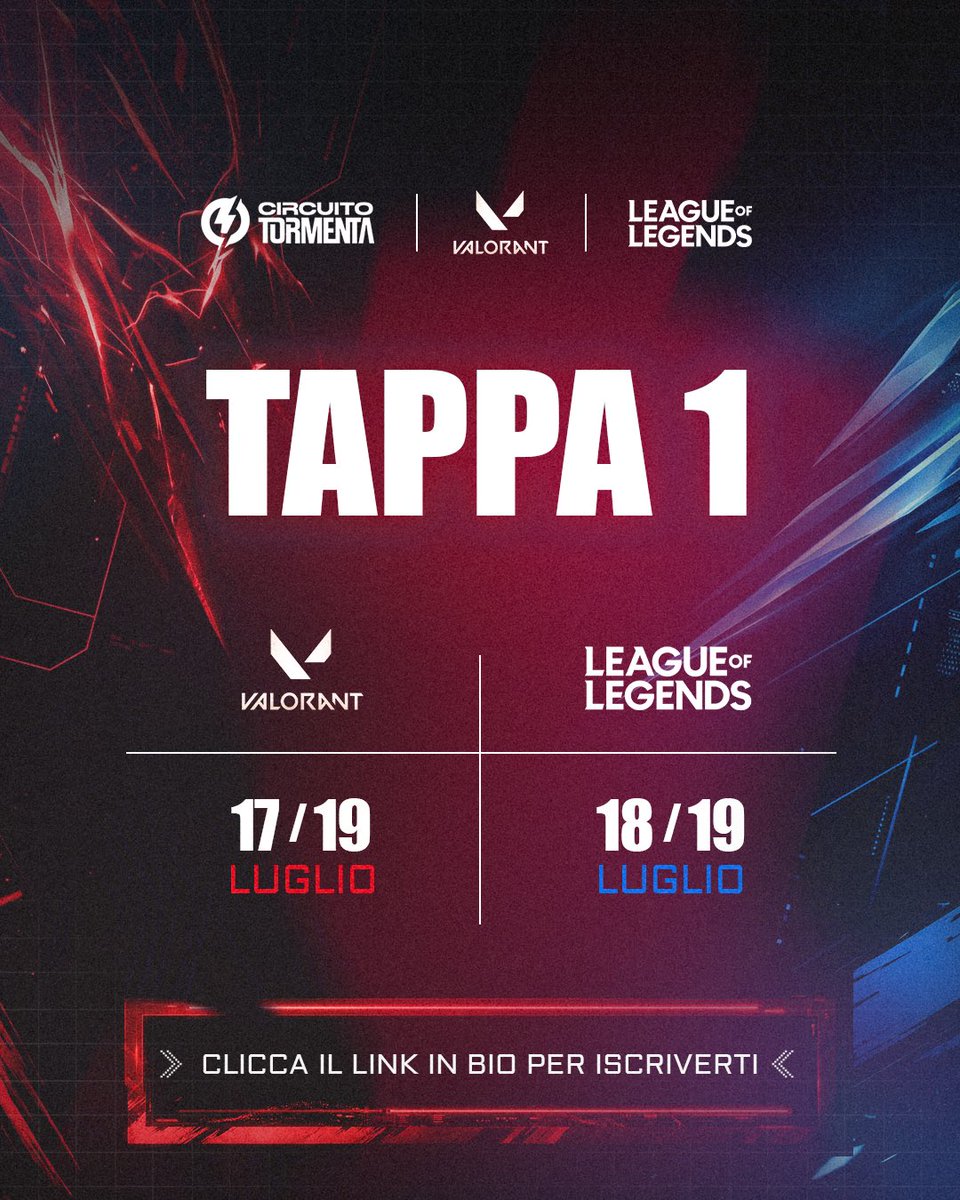 CTormentait's tweet photo. 🌪️ La Tormenta sta tornando.

Il Summer Split inizia con la prima tappa, dal 17 al 19 luglio 🔥

Vincere significa conquistare l’accesso ai Promo/Relegation di LIT (LoL) e Source League (VALORANT).
🔗 Iscriviti al link in bio! https://t.co/sTcS5qpUWo