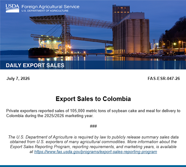UGCProfitPrtner's tweet photo. Private exporters reported sales of 105,000 metric tons of soybean cake and #meal for delivery to Colombia during the 2025/2026 marketing year. https://t.co/MV0mxPR3kj