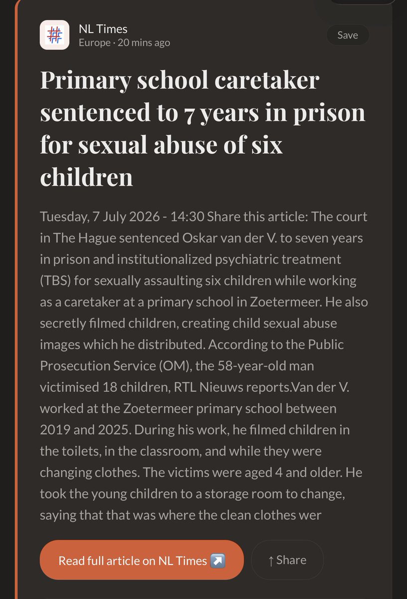 Kom933792271092's tweet photo. @FrenchResponse Plenty of pedophiles are known in Europe and left alone by governments. Just today in NL a pedophile that raped 6 kids got 7 years in prison from which he will do half! So protecting children is not the reason! https://t.co/f9bFEvoxcZ