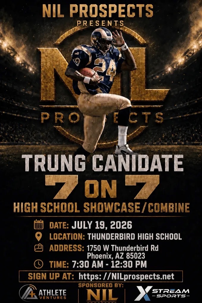 nilprospects's tweet photo. 🏈 @TTownfball @Verrado_Vipers @VistaSpartans @Westpointdrago1 @WillowCanyonFB — bring your squad!

NIL Prospects TRUNG CANIDATE 7-on-7 Showcase/Combine
📅 7/19/26 · Thunderbird HS, Phoenix · 7:30A–12:30P

Sign up: https://t.co/aWCfsFmcwU
📲 480-514-1413 · @nilprospects1 https://t.co/sdHshcZf2R