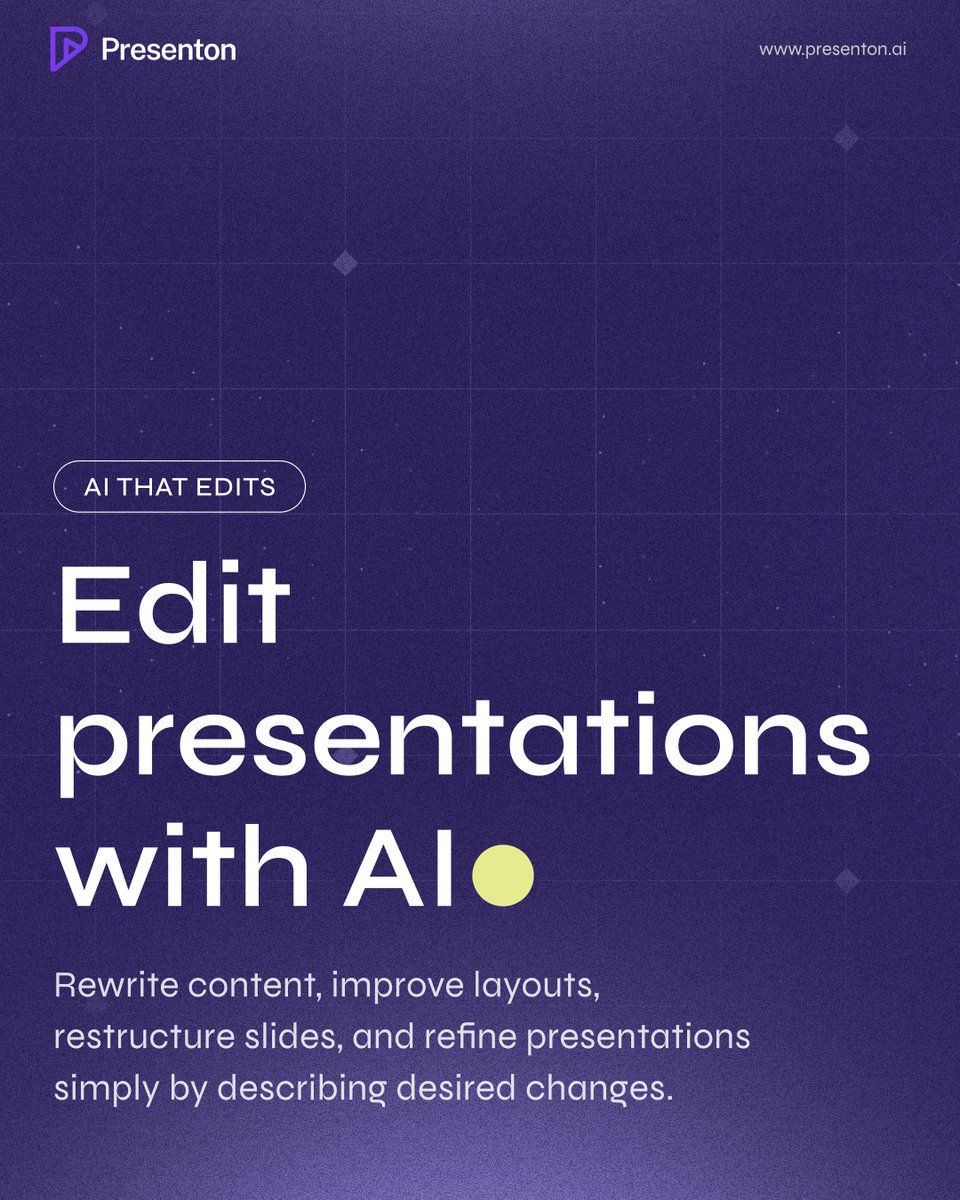 presentonai's tweet photo. First draft done. Slides still rough.

Use Presenton to rewrite content, clean layouts, restructure slides, and refine the deck with AI.

Tell it what to change. Keep moving.

https://t.co/x34Gs6WzJa

#Presenton #AIPresentations #DeckDesign https://t.co/INIV6MAt73