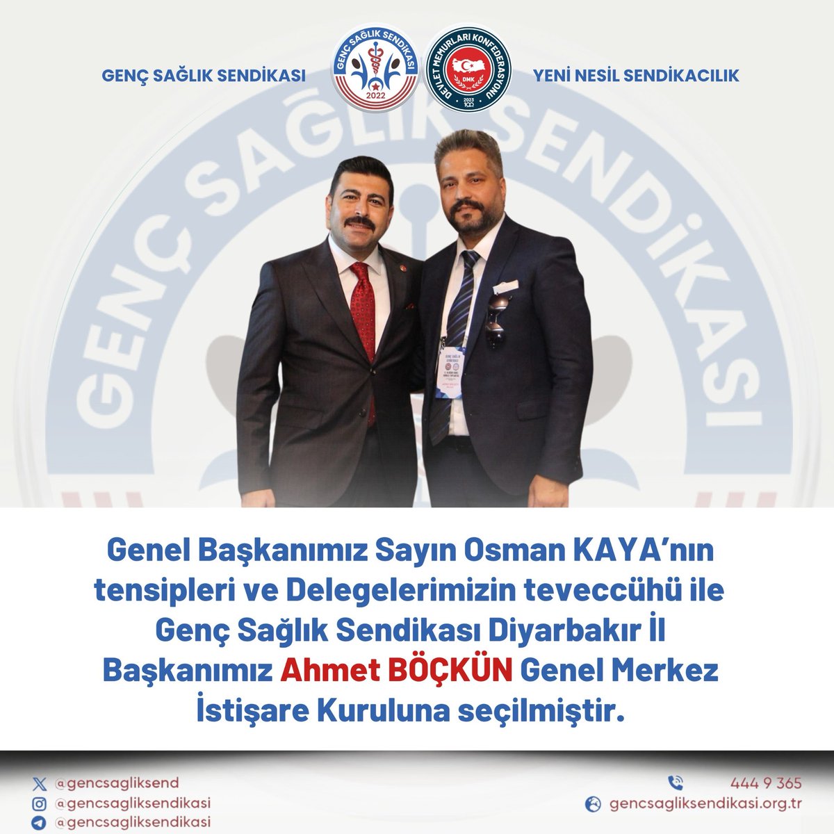 gssdiyarbakir's tweet photo. Genel Başkanımız Sayın Osman KAYA’nın tensipleri ve 
Delegelerimizin teveccühü ile 

Genç Sağlık Sendikası *Diyarbakır İl Başkanımız Ahmet BÖÇKÜN Genel Merkez İstişare Kuruluna seçilmiştir*. https://t.co/aNqknQZEyq