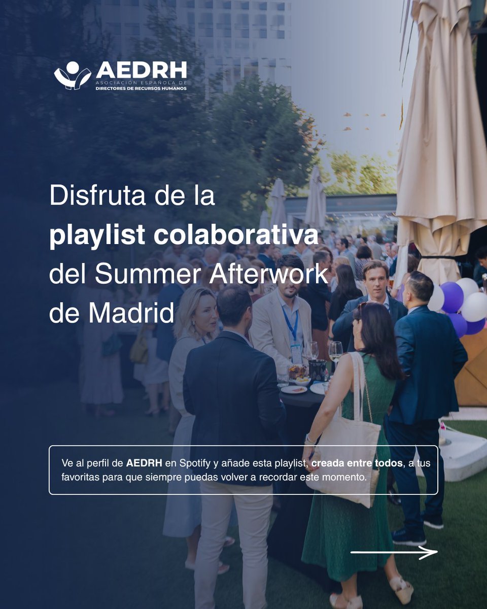 AEDRH's tweet photo. 🎶¿Qué canción elegiría un equipo para hablar de liderazgo? ¿Y de bienestar, talento, innovación o cultura?

🔗 Playlist colaborativa del #SummerAfterwork de Madrid: https://t.co/1Fe5IqWMjG https://t.co/vC1M7vogRs