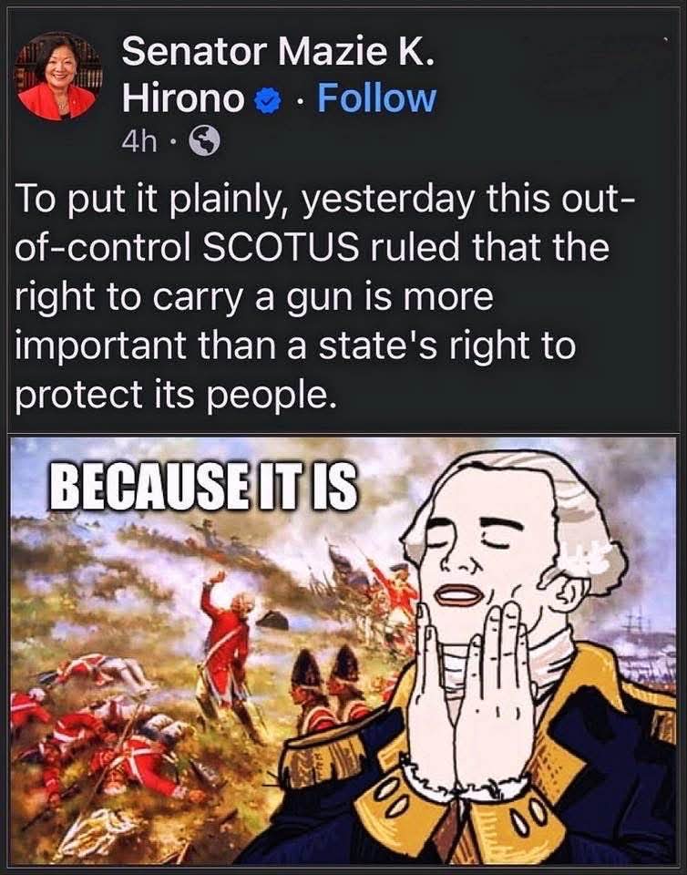 CJGRISHAM's tweet photo. Dear @maziehirono, the entire premise of the 2A is so the citizens can protect THEMSELVES from the STATE, not the other way around, retard. The State is the PEOPLE. It's the right OF THE PEOPLE to keep &amp; bear arms to ensure the security of a free state, not government officials. https://t.co/BjatvFDbly