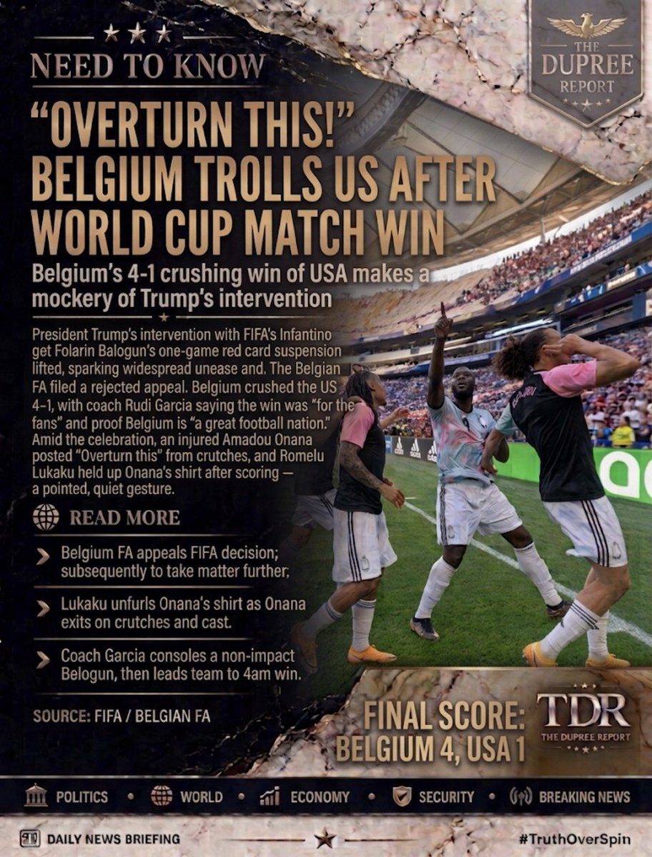 RealWayneDupree's tweet photo. Belgium didnโt win โ they humiliated. 4-1, and the US couldnโt answer back. โฝ๐ฅ
#TruthOverSpin #WorldCup2026 #BelgiumUSA #NeedToKnow #TDR https://t.co/hYW4aq4wJ0
