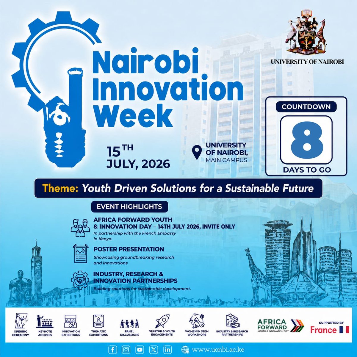 UoNDVCRIE's tweet photo. 📚 Innovation thrives when great minds come together! At the 2026 Nairobi Innovation Week - #NIW2026 ,we are bringing together students, industry experts, and researchers to showcase groundbreaking ideas.Come &amp;  explore the future with us! 
Venue:UoN main Campus 
 #WeAreUoN https://t.co/md3raZI5We