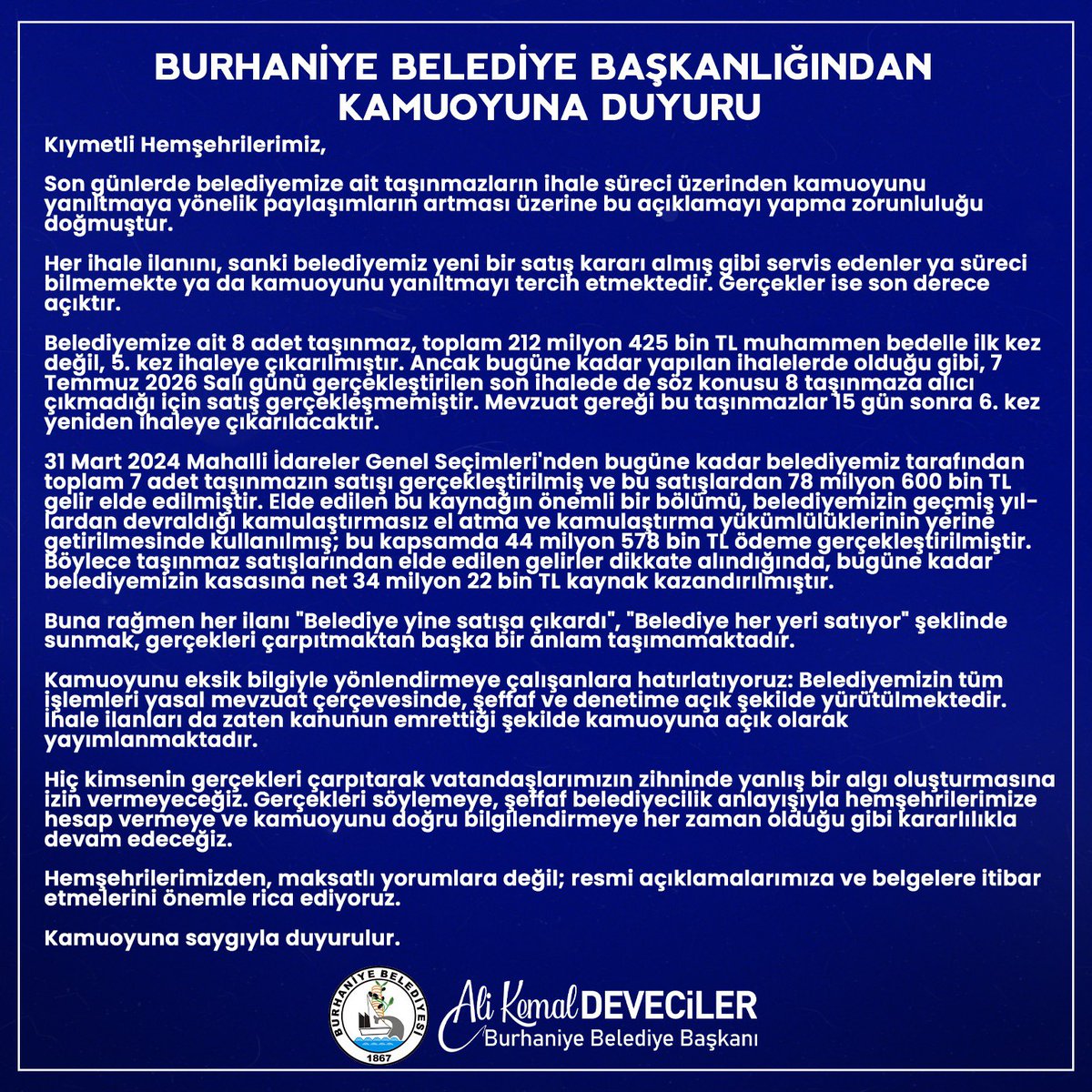 BurhaniyeBld's tweet photo. BURHANİYE BELEDİYE BAŞKANLIĞINDAN KAMUOYUNA DUYURU

Kıymetli Hemşehrilerimiz,

Son günlerde belediyemize ait taşınmazların ihale süreci üzerinden kamuoyunu yanıltmaya yönelik paylaşımların artması üzerine bu açıklamayı yapma zorunluluğu doğmuştur.
 
🔎https://t.co/DOOqAwuohd https://t.co/JEGiOSReaQ