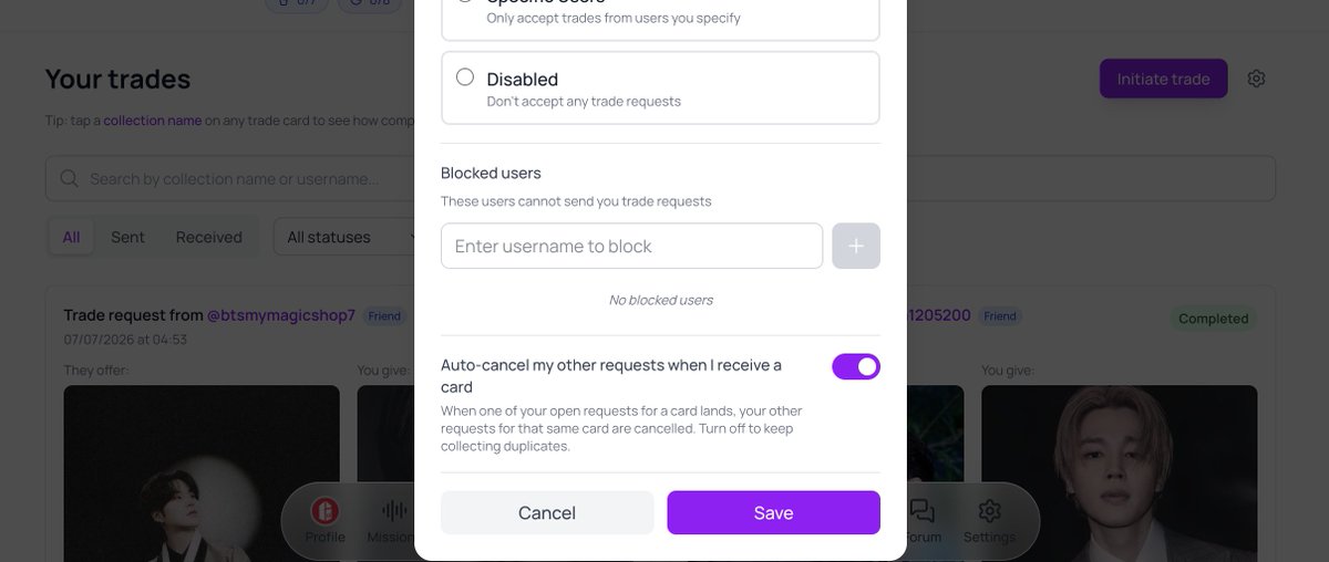 b_cdapp's tweet photo. You can now choose if you want to auto-cancel trade requests for the same card once you received the desired card! https://t.co/78CtHpbzbz