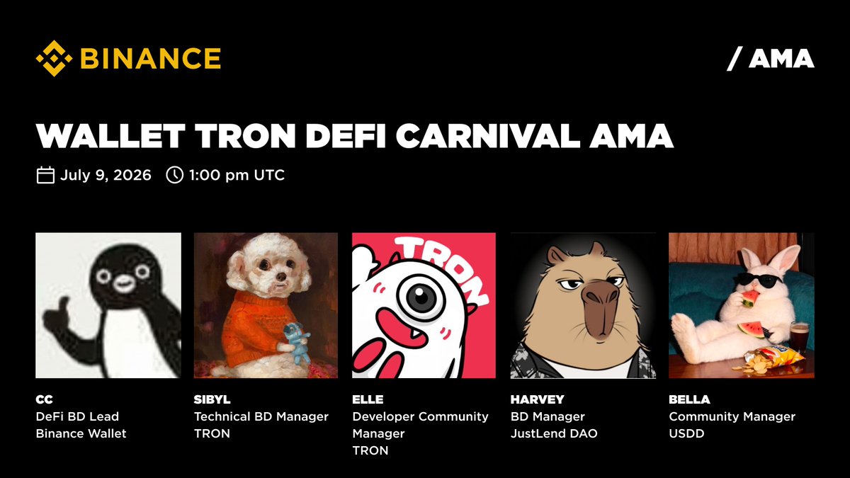BinanceWallet's tweet photo. ๐ก The TRON DeFi Carnival is LIVE โ and we're going deeper!
Join us for an exclusive AMA with @trondao, @DeFi_JUST & @usddio, hosted by #BinanceWallet DeFi.
๐ Time: July 9, 2026, 1:00 PM UTC
Hear directly from the TRON ecosystem teams on boosted yields, USDD 2.0, and how to maximize your rewards in the TRON DeFi Carnival campaign.
Tune in for everything you need to know about TRON DeFi Carnival Season 1 ๐
https://t.co/h5xinoMBxE