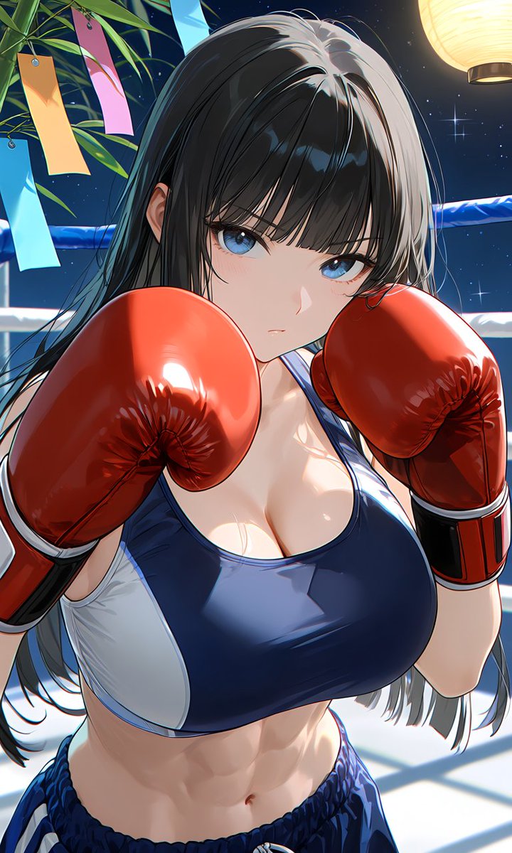 Rusalii_AI's tweet photo. お題：七夕 / Topic: Tanabata

七夕飾りが揺れる夜のリングで、赤いグローブを構える女子ボクサー。
星空の静けさと女子ボクシングの緊張感が重なる、透明感のあるAIイラスト。
A female boxer raises her red gloves in a nighttime ring where Tanabata decorations gently sway.
This AI illustration blends the quiet beauty of a starry sky with the tension of women’s boxing.