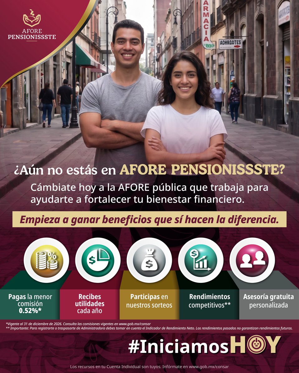 PENSIONISSSTE_'s tweet photo. 🚀 ¡Es momento de dar el siguiente paso!

Cámbiate hoy a AFORE @PENSIONISSSTE_ y comienza a construir tu bienestar financiero con una institución comprometida contigo.

📲 Regístrate aquí: https://t.co/KtVlzqX0he
y recibe orientación personalizada.

#CámbiateHoy #AFOREPENSIONISSSTE