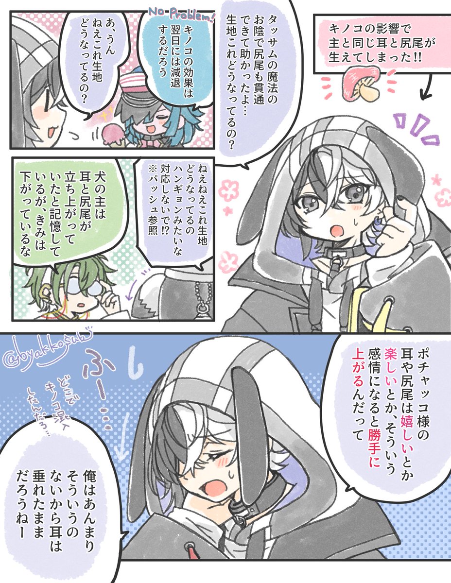 byakkosub_'s tweet photo. キノコ🍄の効果で主とお揃いお耳と尻尾が生えた🐶さんが描きたくて描いた2ページまんが
最後の🐸の台詞を我々の言葉に翻訳すると「ちょ、おま、ウソだろオイ」です。 https://t.co/Ty6w4SDKAY