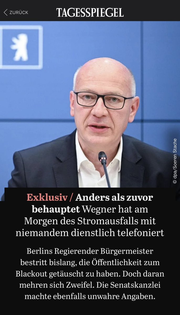 NilsAhrDE's tweet photo. Neues in der Causa „Berliner Stromausfall“. 

Kai Wegner hat wohl ein weiteres Mal gelogen. 

Am Morgen des Stromausfalls hatte Wegner - anders als bisher behauptet - keine dienstlichen Telefonate wie der „Tagesspiegel”berichtet. https://t.co/mwcNLXm6Zv