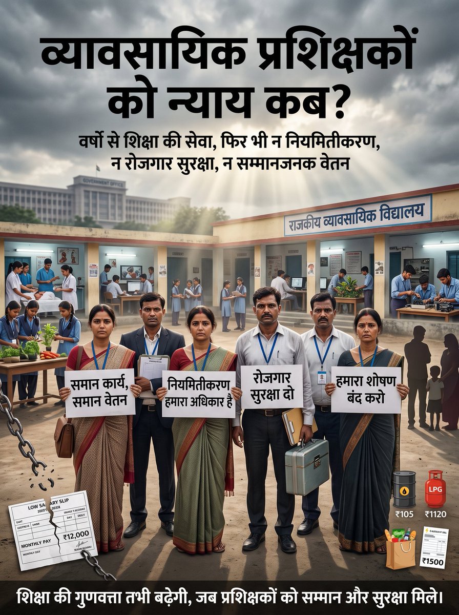 cgvtwa's tweet photo. वर्षों से व्यावसायिक प्रशिक्षक देश के लाखों विद्यार्थियों का भविष्य संवार रहे हैं, लेकिन आज भी वे नौकरी की असुरक्षा, वेतन विसंगति और नियमितीकरण की प्रतीक्षा में हैं।
समान कार्य, समान वेतन और रोजगार सुरक्षा हमारा अधिकार है।
#RegularizeVocationalTrainers #JobSecurity #EqualPay https://t.co/DApnhgt0wP