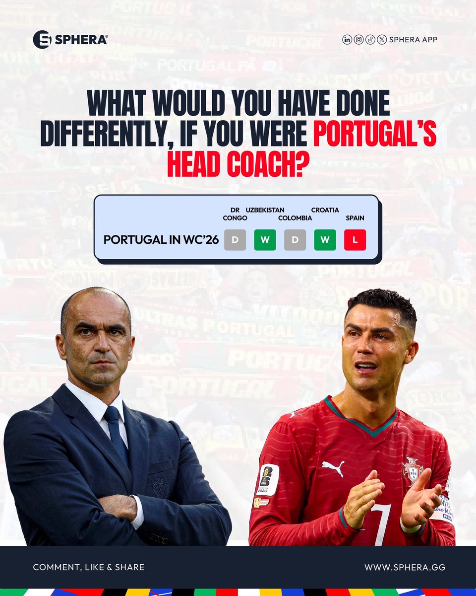 SPHERAAPP's tweet photo. 🇵🇹Portugal’s World Cup journey ends here
2 wins, 2 draws, 1 loss. 

If you were Portugal’s head coach, what would you have done differently? 
Let’s hear your take 
👇⚽ https://t.co/Xv55waMlB7