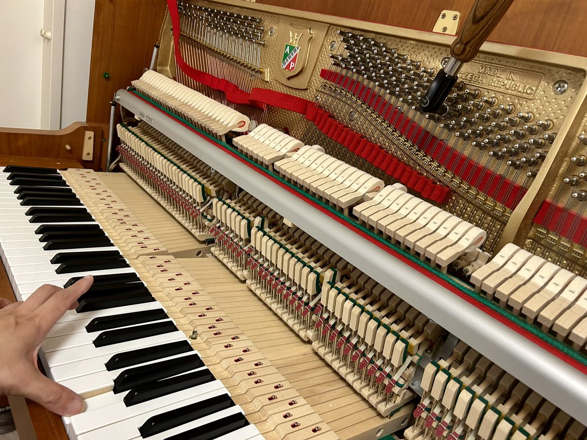 pianoprep2013's tweet photo. 定休日も練馬区で定期メンテナンス🇨🇿🎹
和の趣きを感じるペトロフUPは四年前に納品。某音大の音楽教室に通うお嬢様がヴァイオリンとともにご愛奏。弦楽器作りも盛んなチェコ、その地で長年かけて醸成されたピアノの音色が合わない訳がありません。黒猫のご当地デトア社製木製玩具とも久々に再会✨🐈‍⬛ https://t.co/ytvFrIhDYU