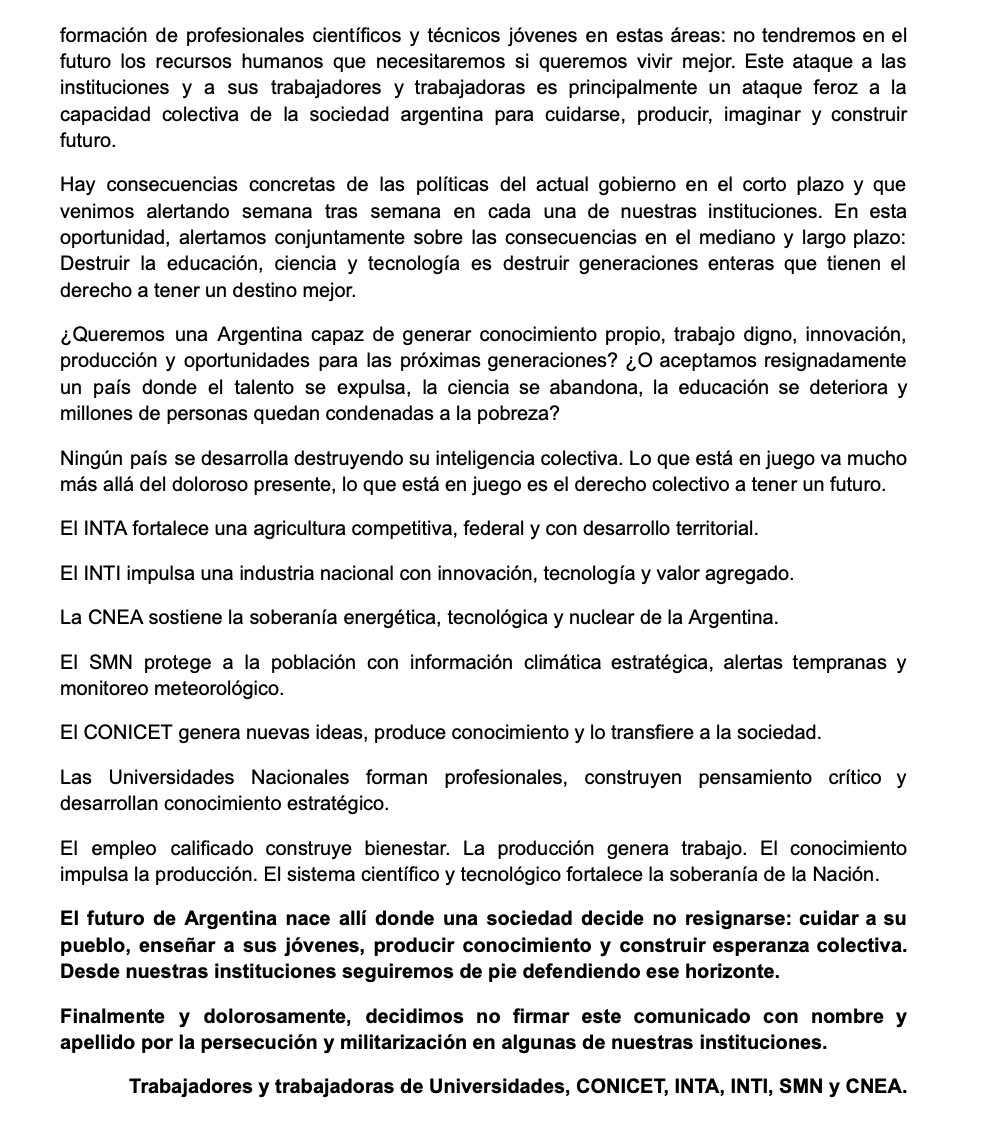 RAICYT_Ar's tweet photo. Compartimos este comunicado que expresa la preocupación conjunta de todo el sistema científico y tecnológico, que está siendo destruido,  sistemáticamente atacado. @INTIargentina @INTACicvya @CONICETDialoga @CNEA_Arg @SMN_Argentina https://t.co/iVAEWbwycO