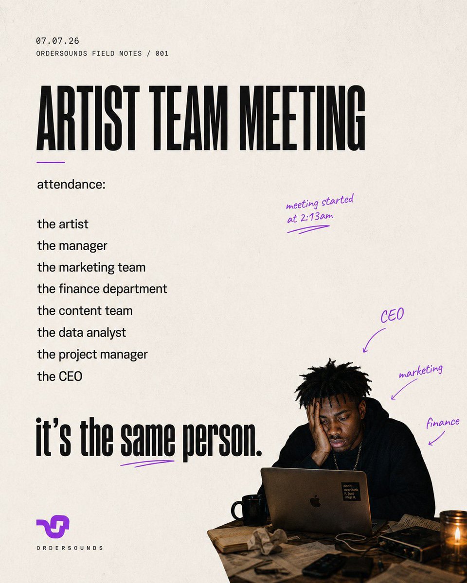 Ordersounds's tweet photo. Nobody tells you that releasing music also means accidentally starting a company.

The team meeting starts when you open the laptop.

The team meeting ends when the laptop dies. https://t.co/diGU1ZOW3U