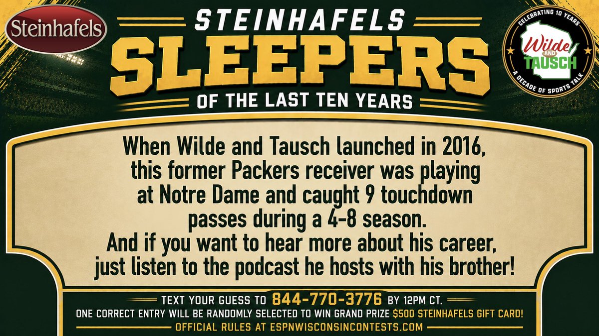 WildeAndTausch's tweet photo. Guess the @Steinhafels Sleeper and WIN a $500 gift card! 🏈

📱 TEXT your guess based on this clue to 844-770-3776 by 12pm CT today to enter for your chance to win. 1️⃣ winner will be randomly selected.

(Spelling the name correctly is ALWAYS important when texting your guess!) https://t.co/lvHBuIcHfa