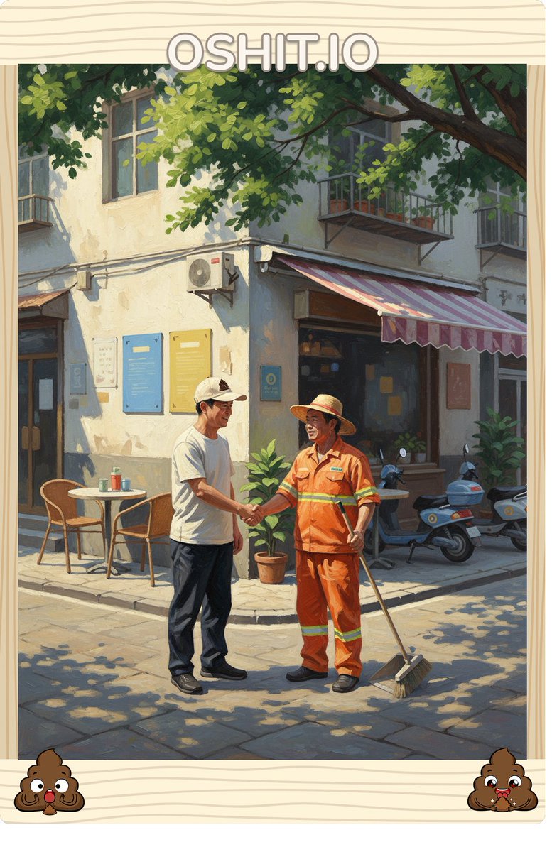 boeoq13547948's tweet photo. 街角的咖啡店旁，夏日的阳光温柔洒落。向正在清扫的环卫师傅道一声辛苦了，他笑着摘下草帽。戴上那顶普通帽子，心里也暖暖的。善意就在这样的小角落里悄悄生长。#OSHIT #GiveASHIT @oshitio https://t.co/dHPHzRbqm0