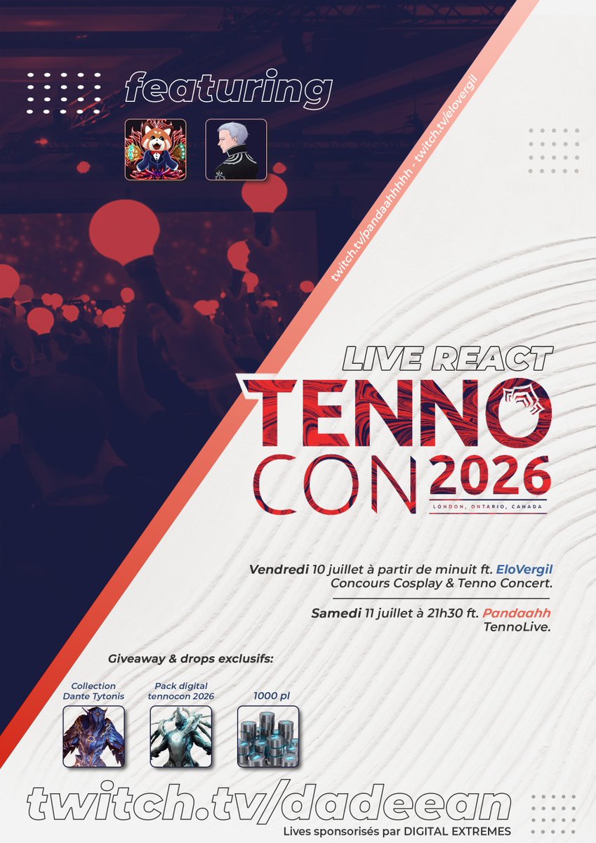 PappyDeean's tweet photo. 🚨 LA TENNOCON 2026 SE VIT ENSEMBLE ! 🚨

Cette année encore, j'ai le plaisir de m'associer à Digital Extremes (thx to @PlayWarframe @JouerAWarframe ) pour vous proposer deux Live React exceptionnels autour de la TennoCon 2026 ! 🔥

Pendant tout le week-end, on suivra ensemble les plus grands moments de l'événement en direct de London, Ontario (Canada) avec des invités de choix et des giveaways exclusifs à remporter !

📅 Vendredi 10 juillet dès 00h00
🎙️ Avec @EloVergil 
🎭 Réaction en direct au Concours Cosplay & au Tenno Concert
📅 Samedi 11 juillet à 21h30
🎙️ Avec @WPandaahh 
🚀 Live React de la TennoLive, le rendez-vous incontournable où seront dévoilées toutes les prochaines nouveautés de Warframe !
🎁 Au programme des giveaways sponsorisés par Digital Extremes :
✨ Collection Dante Tytonis
✨ Pack Digital TennoCon 2026
✨ 1000 Platinum

📍 Rendez-vous sur : https://t.co/ny2GQiowRr