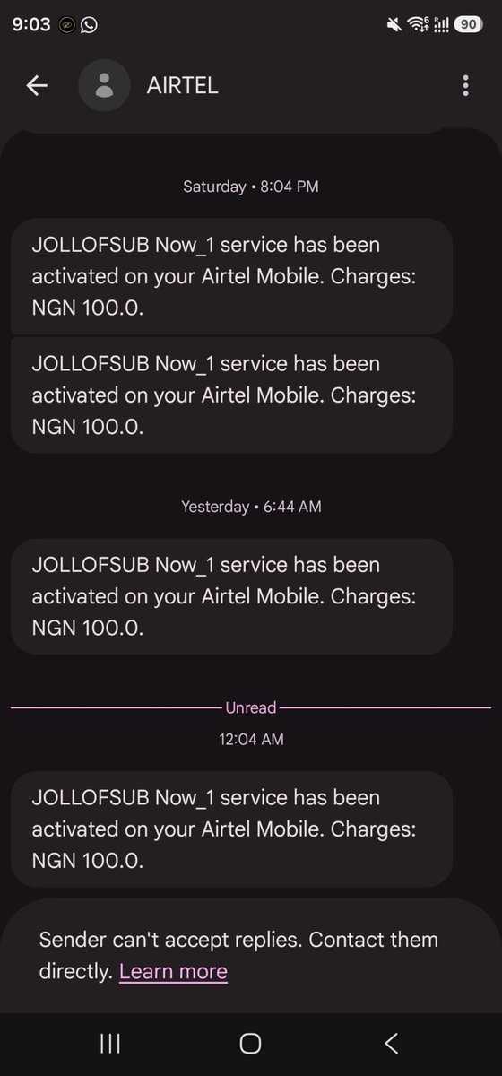 funkyfal's tweet photo. @AirtelNigeria @ConsumersNCC I am still being charged,  @AirtelNigeria I have sent stop to 278. I did not receive any response. https://t.co/IByauyrODt