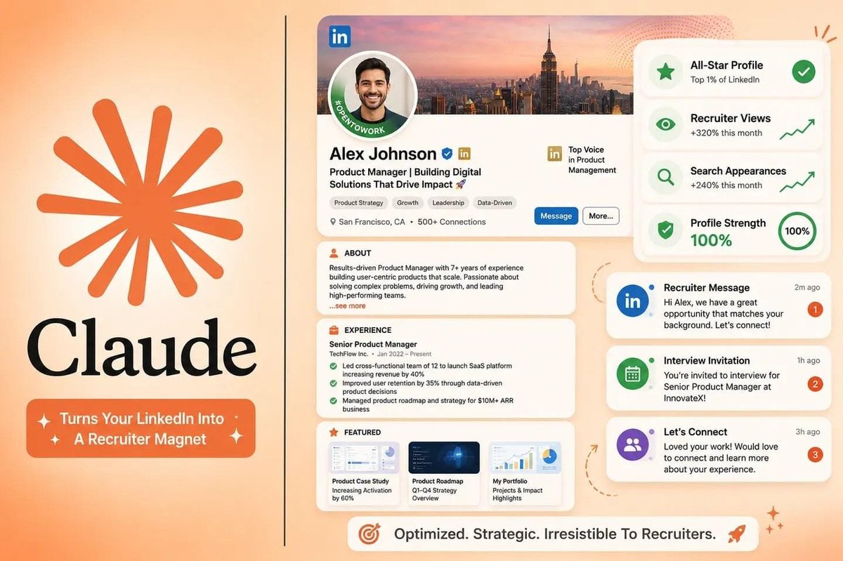 TwinkuAI's tweet photo. 🚨 BREAKING: I asked Claude to upgrade my LinkedIn profile…

It didn't just "improve" it, it turned it into a recruiter magnet.

Here are the exact 08 prompts I used: https://t.co/yRbrWpyldj