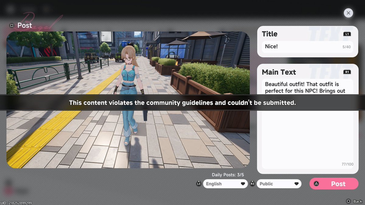 Misstar_E's tweet photo. @NTE_GL Why can't I post this? The words after "out" is "her beauty" doesn't make sense. It's just an NPC walking and the words are nothing sexual. But others post up skirts and talk sexually and that doesn't get hit by any guidelines!? #nte https://t.co/wUXgRLGNPa