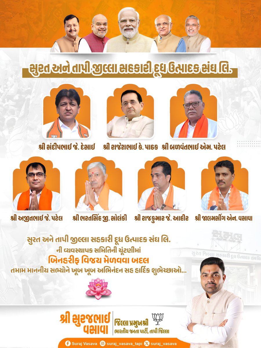 Surajvasava20's tweet photo. સુરત અને તાપી જિલ્લા સહકારી દૂધ ઉત્પાદક સંઘ લિ. (સુમુલ ડેરી) ની વ્યવસ્થાપક સમિતિની ચૂંટણીમાં બિનહરીફ વિજેતા બનેલા તમામ માનનીય સભ્યોને હાર્દિક અભિનંદન.

સુમુલ ડેરી સતત પ્રગતિના નવા આયામો સર કરે તથા પશુપાલકો તેમજ ખેડૂત હિત અને ગ્રામ વિકાસના કાર્યોને વધુ વેગ મળે તેવી શુભેચ્છાઓ સાથે તમામ નવનિયુક્ત સભ્યોને સફળ કાર્યકાળ માટે શુભકામનાઓ.
