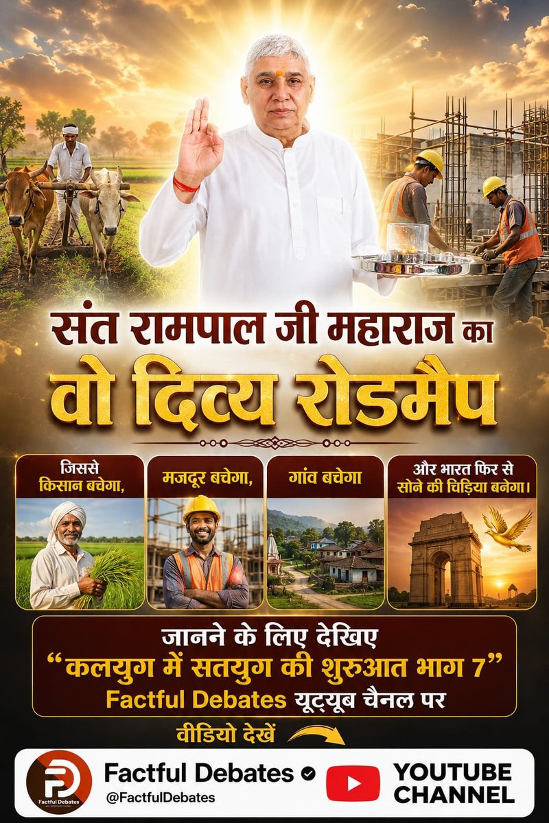 BhavnaDasi_'s tweet photo. #IndiaWillBecomeTheGoldenBird
संत रामपाल जी महाराज का वो दिव्य रोडमैप
👉जिससे किसान बचेगा,
👉मजदूर बचेगा,
👉गांव बचेगा,और 
👉भारत फिर से सोने की चिड़िया बनेगा।
@VKSingroliMP
जानने के लिए देखिए "कलयुग में सतयुग की शुरुआत भाग 7” Factful Debates यूट्यूब चैनल पर। https://t.co/n6OyhkVH8y