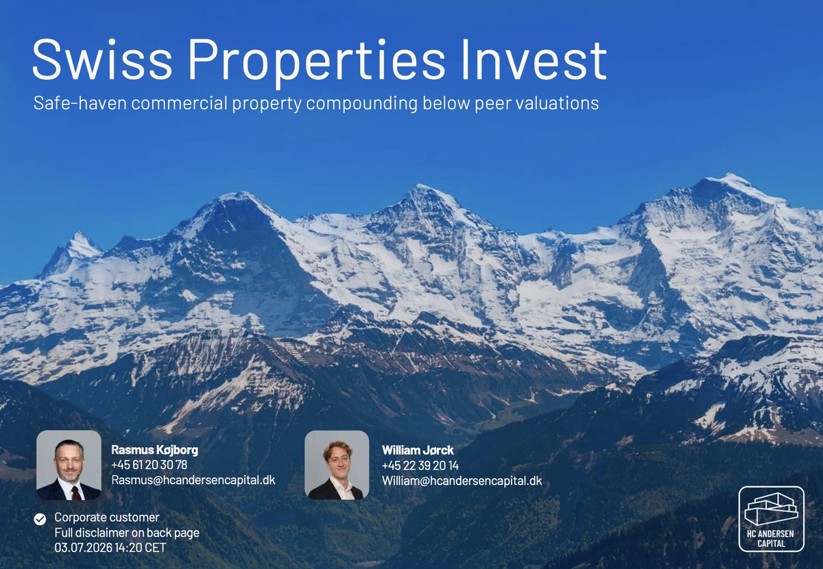 HCA_Capital's tweet photo. Swiss Properties Invest (Investment case): Safe-haven Swiss property compounding at a discount to NAV and peer valuations

Swiss Properties Invest (ticker: SWISS) is a Copenhagen-headquartered real estate company, listed on Nasdaq First North Growth Market Copenhagen since 2022, that owns and leases commercial property in Switzerland through a wholly owned Swiss subsidiary. At the end of 2025 the group held nine commercial properties for office, logistics and storage, valued at DKK 776.8m across five cantons in German-speaking Switzerland, generating DKK 37.9m of annual rent with no single property above around 17% of revenue. The case rests on a proven compounding model: collect recurring, inflation-resilient Swiss rent, reinvest free cash flow, and acquire further properties at attractive yields, financed by a balanced mix of mortgage debt and equity, lifting net asset value per share steadily rather than through one-off events, from DKK 110 in 2023 to DKK 147.5 in 2025.

For a property company the right lens is NAV and recurring rental cash flow rather than reported profit. In 2025 rental income rose to DKK 37.9m and recurring earnings before value adjustments (EBITVA) reached DKK 24.8m, while reported profit after tax fell to DKK 25.4m from DKK 57.7m purely because 2024 carried a much larger property revaluation (a DKK 11.4m fair-value gain in 2025 versus DKK 60.5m in 2024), not because the underlying business weakened. Notably, SWISS is already operating well ahead of its own plan, with portfolio value and equity sitting above the levels it projected for 2034 and NAV up 51% since the 2022 IPO, leaving the model running nearly a decade ahead of schedule.

The key investment reasons center on quality Swiss property at a low price. Swiss commercial real estate offers safe-haven characteristics, low vacancy, hard-currency cash flows and a stable, highly regulated backdrop, supported by tight planning that limits the supply of well-located space, plus exposure to a historically strong CHF and management's track record of value-adding initiatives such as solar installations that cut costs and add rental income. Yet at 0.67x P/B on 2025 book value, SWISS trades below its Danish-listed peers (around 0.74x) and well below Swiss-listed peers (around 1.23x) holding the same type of assets. The balance sheet supports continued expansion, with LTV down to around 56% from 62.5% in 2023, a 43% solvency ratio, and additional capital secured in March 2026.

The key risks are typical of a small, asset-heavy property company. Reported earnings swing with revaluations, and both valuations and financing costs are sensitive to Swiss rates, with a 1 percentage point rise in the required return cutting property value by roughly DKK 147m. There is concentration risk from only nine properties in a thinly traded micro-cap, where losing a major tenant or a key person would be material, and growth depends on repeated equity raises that can dilute below NAV, while CHF assets reported in DKK add currency volatility.

From a valuation perspective, the discount to NAV is hard to square with fundamentals. The P/B multiple has compressed from 0.93x in 2023 to 0.67x in 2025 even as NAV per share has risen, the cheapest level in its listed history. A re-rating to the Danish-listed median (around 0.74x) implies roughly DKK 109 per share, and convergence toward Swiss-listed levels (around 1.23x) roughly DKK 181, before any further NAV growth. We view SWISS as a safe-haven compounding case priced at the widest discount to NAV in its listed history, where closing the gap requires continued execution, balance-sheet discipline and broader investor reach under the new Denmark-based CEO.

Read the full investment case here: https://t.co/hC4bFf28NY

Disclaimer: HC Andersen Capital receives payment from Swiss Properties Invest for a Digital IR subscription agreement. /William Jørck & Rasmus Køjborg, CFA 15:15 07/07/2026
$SWISS