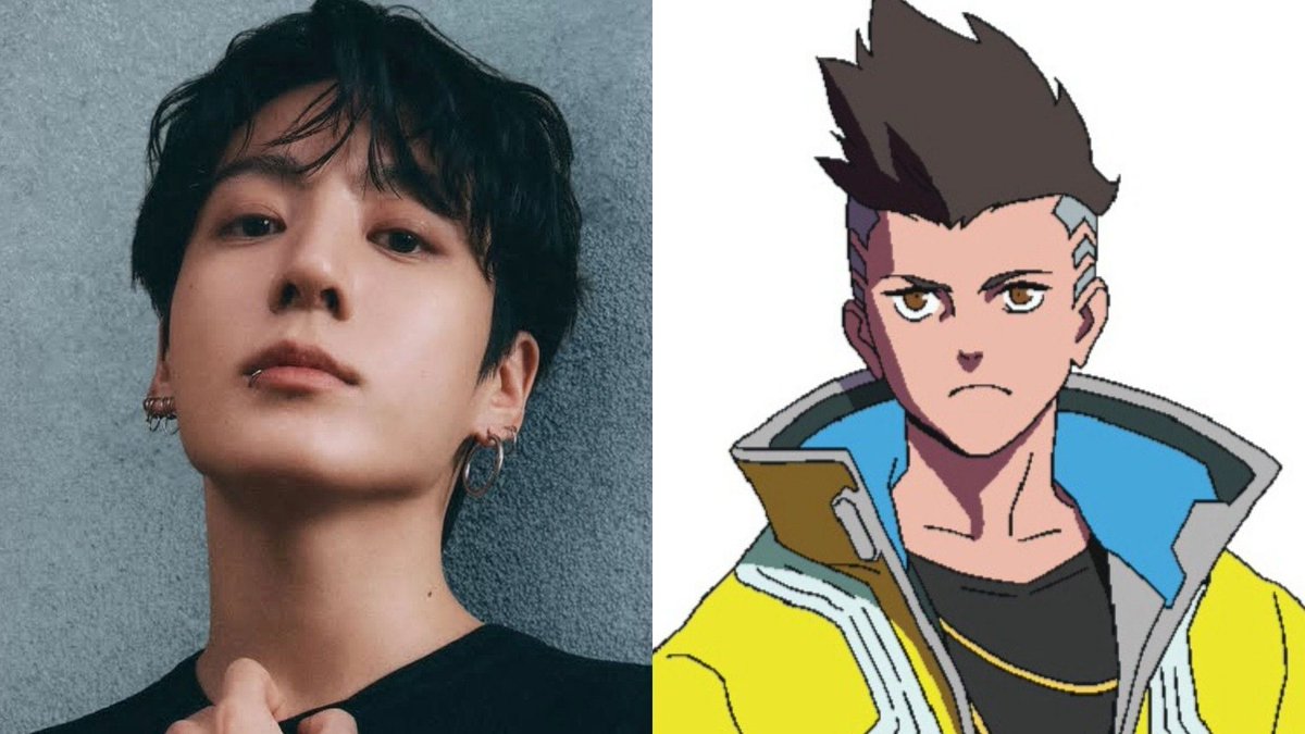 SKPopCulture's tweet photo. "He's such a nerd" - Fans react as BTS' Jungkook's London Day 1 look sparks viral comparisons to David Martinez from Cyberpunk: Edgerunners https://t.co/Evtb2BloNY https://t.co/SPysp27grr