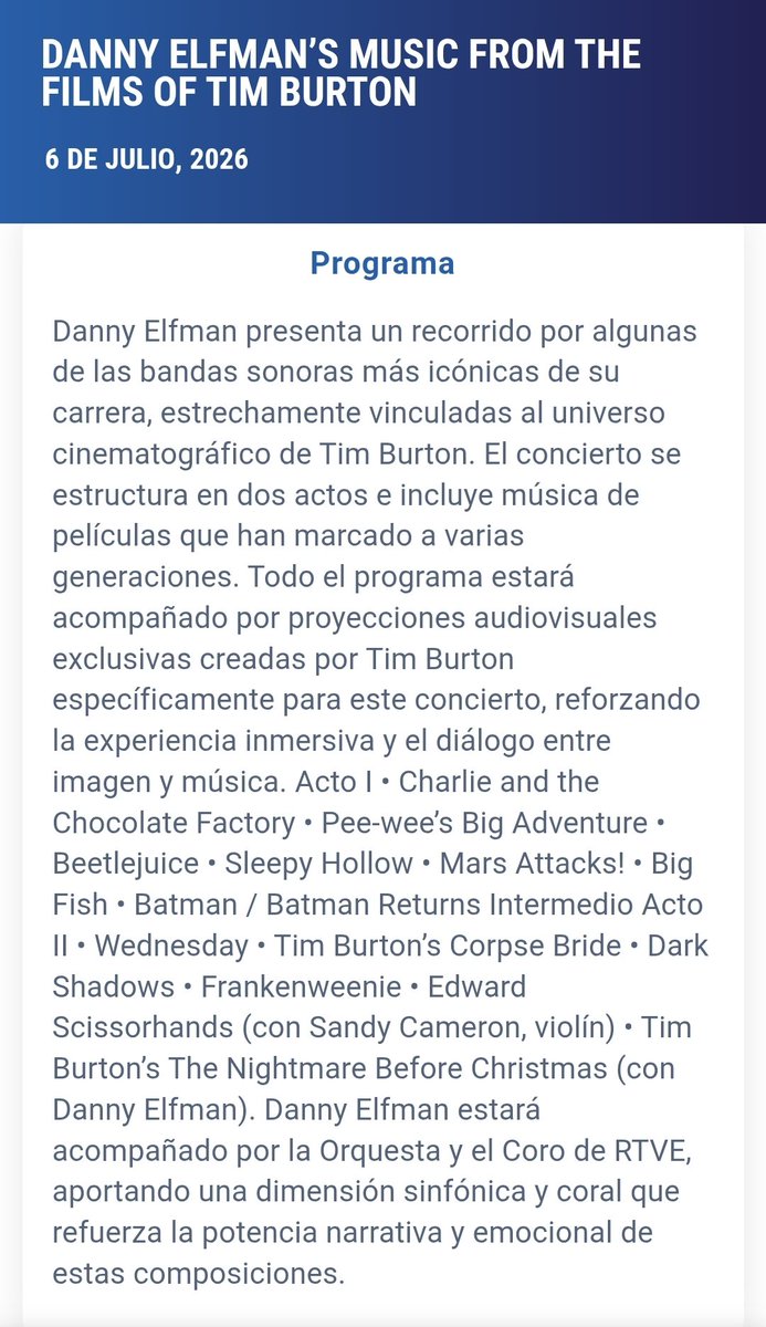 rodrigocortes's tweet photo. Queridos amigos de @nochesbotanico. Este es el texto descriptivo del concierto de anoche en vuestra web oficial (el que uno puede leer antes de comprar la entrada). ¿Diríais que lo que le llega al comprador potencial es que la orquesta la dirigirá el alemán Christian Schumann y que Elfman saldrá sólo los últimos veinte minutos para cantar un bloque de 'Pesadilla antes de Navidad'? Gracias por todo.