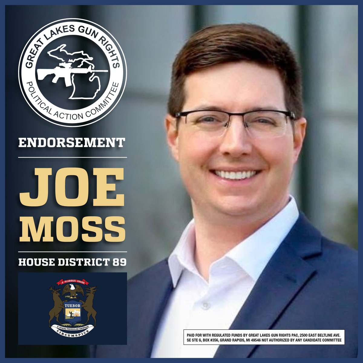 GLGunRights's tweet photo. Great Lakes Gun Rights PAC is proud to endorse @JoeMoss for State Representative in House District 89. Not only did Joe return his GLGR Survey 100% pro-gun, but he's pledged to be a fighter in the State House for our gun rights. He's proven that he's willing to fight the establishment during his time on the Ottawa County Board of Commissioners, and he'll bring that same fighting spirit to Lansing.