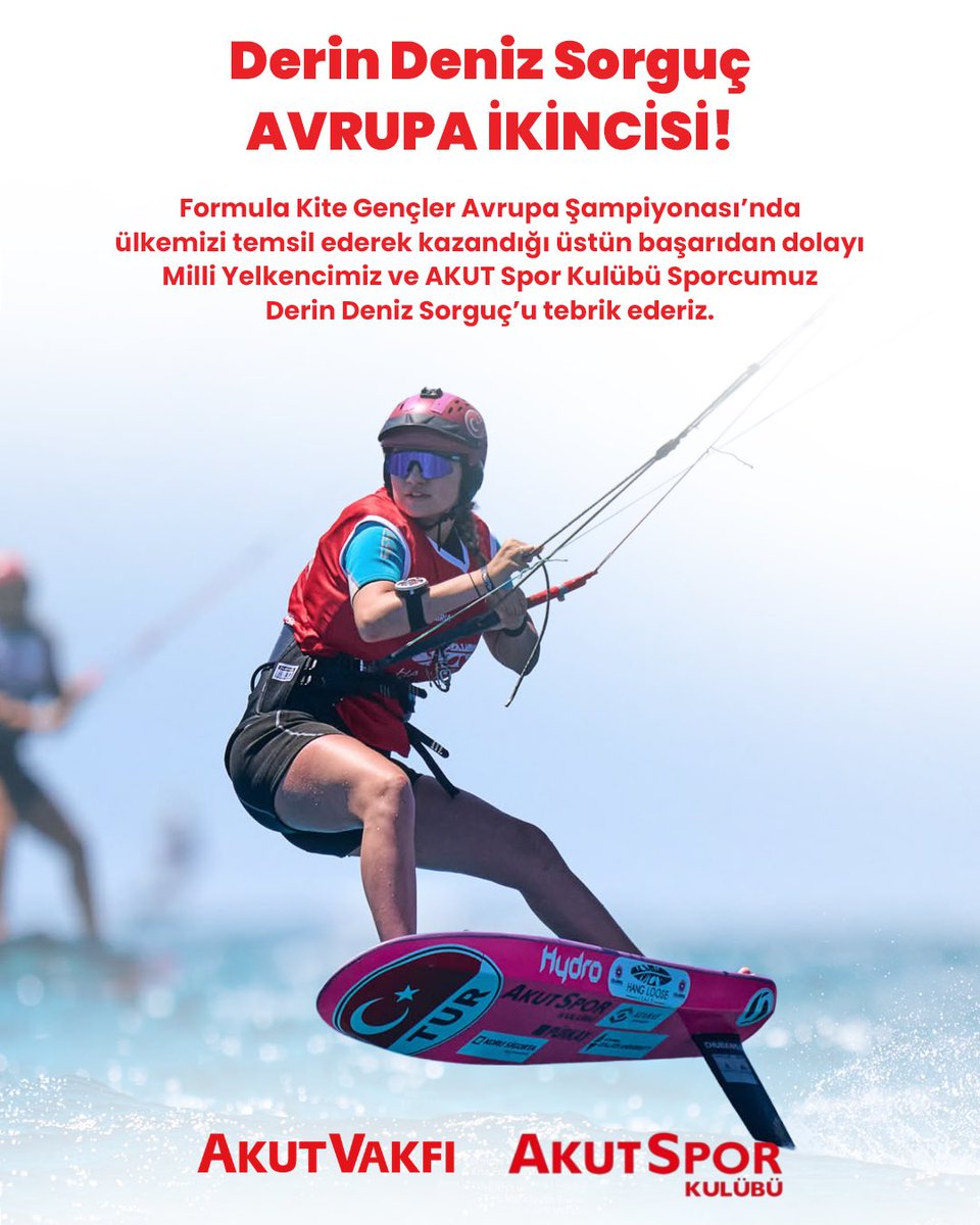 AKUTVAKFI's tweet photo. Formula Kite Gençler Avrupa Şampiyonası'nda üstün başarısıyla bayrağımızı uluslararası arenada dalgalandıran Milli Yelkencimiz ve AKUT Spor Kulübü Sporcumuz Derin Deniz Sorguç'u ve emeği geçen herkesi yürekten tebrik ederiz.

#AKUTVAKFI https://t.co/dTgT0fzIUU