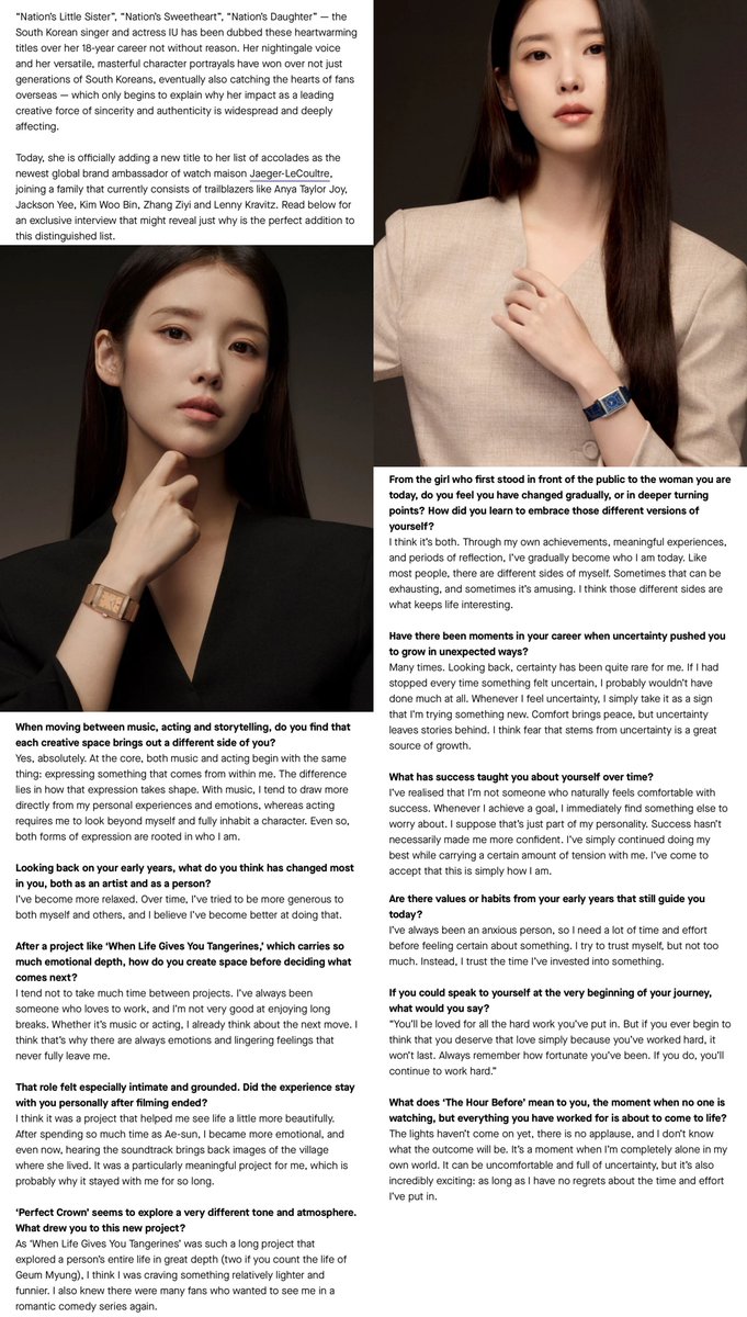 VicLJE's tweet photo. An exclusive interview with the newest Global Brand Ambassador of Jaeger-LeCoultre talks about her journey as a musician and actress so far and her special relationship with time. 

“Nation’s Little Sister”, “Nation’s Sweetheart”, “Nation’s Daughter” — the South Korean singer and actress IU has been dubbed these heartwarming titles over her 18-year career not without reason. Her nightingale voice and her versatile, masterful character portrayals have won over not just generations of South Koreans, eventually also catching the hearts of fans overseas — which only begins to explain why her impact as a leading creative force of sincerity and authenticity is widespread and deeply affecting.

Full interview: 
https://t.co/2tmAPz0WI2

#IU #아이유 #Jaeger_LeCoultre