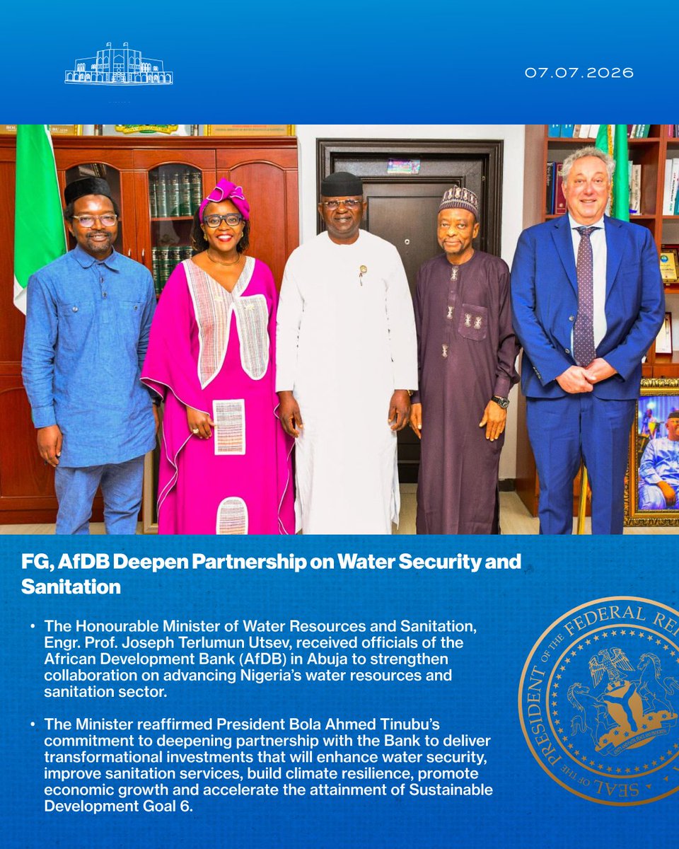 NGRPresident's tweet photo. FG, AfDB Deepen Partnership on Water Security and Sanitation.

@FMWR_Nigeria | @AfDB_Group https://t.co/NPXO6SirwH
