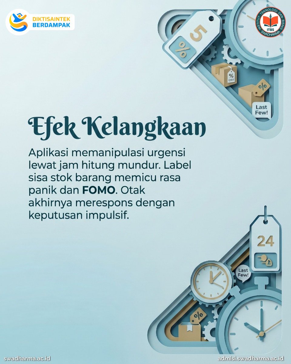 itb_swadharma's tweet photo. Sering kalap saat promo kembar 7.7 ?
Ternyata ada trik psikologi di balik jam hitung mundur dan sisa stok yang bikin kita FOMO! 🛒⏳ 
Pelajari rahasia strategi e-commerce dan Daftar S1 Bisnis Digital ITB Swadharma sekarang di: https://t.co/cLedl1i2HA
#BisnisDigital #ITBSwadharma https://t.co/yNB58iV6fN