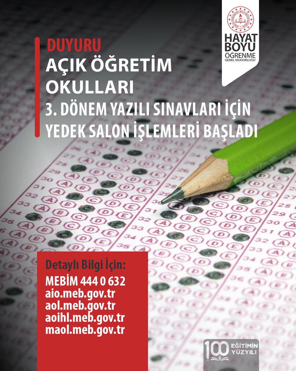 mebhbogm's tweet photo. 18-19 Temmuz 2026 Tarihlerinde Yapılacak Olan Açık Öğretim Kurumları 2025-2026 Eğitim Öğretim Yılı 3. Dönem Yazılı Sınavları İçin Yedek Salon İşlemleri Başladı.
 
Açık Öğretim Kurumları 2025-2026 Eğitim Öğretim Yılı 3.dönem kayıt yenileme tarihleri arasında seçmiş oldukları sınav bölgesinden " Sağlık Kurulu Raporu, Zorunlu İkamet Değişikliği, Askere Alınma/Terhis, Tutuklu/Hükümlü" sebepleriyle farklı bir sınav bölgesinde yedek salonda sınava girmek isteyen öğrenciler; 6-16 Temmuz 2026 tarihleri arasında mazeretlerini belirten belge ve dilekçe ile sınava girecekleri il/ilçe millî eğitim müdürlüklerinde bulunan  Bölge Sınav Yürütme Komisyonuna başvurması gerekmektedir.

#HayatBoyuÖğrenme

@tcmeb
@Yusuf__Tekin 
@CelileErenOKTEN 
@topogluemre