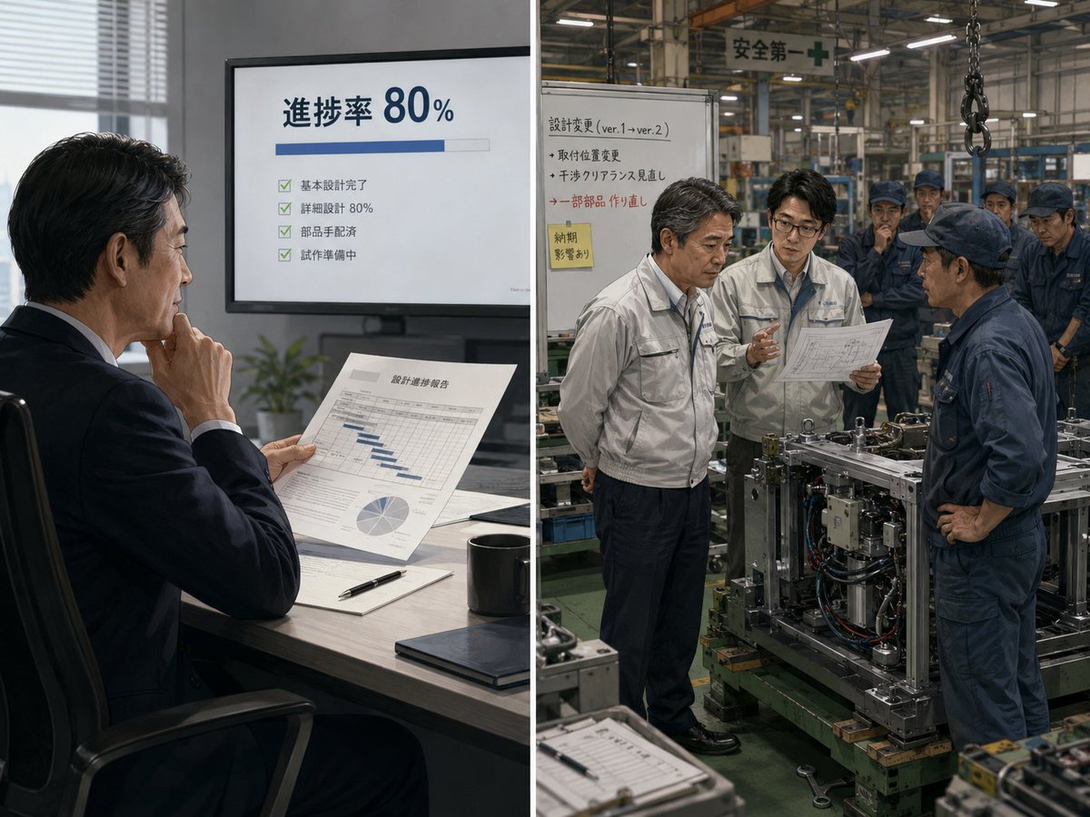 tsuncoffee's tweet photo. 【現場に来ない管理職ほど、設計判断が机上に寄っていく】

前の会社に、今でも尊敬している社長がいました。

その人は、しょっちゅう現場に来ていました。
偉そうに指示を出すわけではなく、組立途中の機械を見たり、設計者や製造の責任者に短く確認したりしていました。
最初は、なぜ社長がそこまで現場を見るのか分かりませんでした。

でも後になって分かりました。
現場に行かないと、見えないことがあるんです。

予定どおり進んでいるはずなのに、現場の空気が重い。
同じ場所で何人も手が止まっている。
小さな図面変更が、後工程の大きな手戻りになりそうになっている。
そういう違和感は、会議室の資料には出てきません。
報告書には「進捗率80％」と書かれていても、現場では黄色信号が出ていることがある。

現場を見るのは、作業者を監視するためではありません。

自分たちの判断が、実際にどう影響しているかを確認するためです。