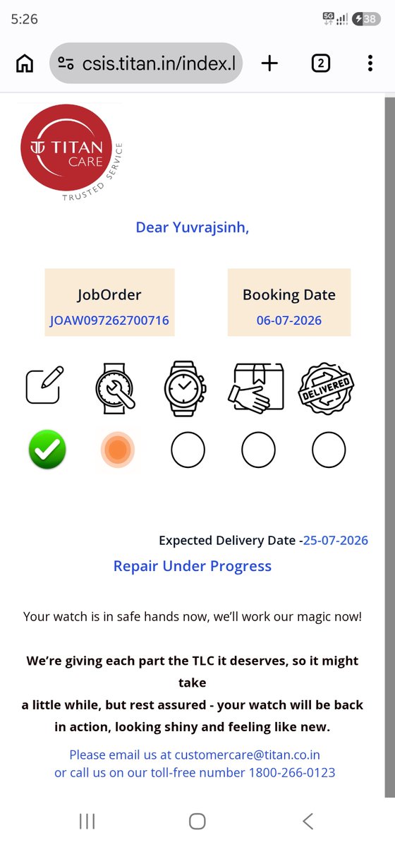 Yuvi_1212's tweet photo. Dear @titanwatches this is how you treat customers who trust your premium brand?

I purchased a Titan Automatic watch, and within just 4 months it developed the same timekeeping issue for the second time. Instead of replacing a defective product, the watch has now been sent for repair with an expected delivery after 20+ days.

Is this the after-sales service customers should expect from a Tata Group brand?

I live 100 km away from the store and have already made multiple trips due to this defective product. As a customer, I am expected to wait for weeks to get a 4-month-old premium watch repaired, with no assurance that the same issue won't happen again.

I purchased a premium watch, not a product that needs repeated repairs within months of purchase. I expected much better quality and customer service from Titan.

If this issue is not resolved through a brand-new replacement or an equivalent exchange, I will have no option but to approach the Consumer Commission with all supporting documents.

Is this the standard of service Titan wants its customers to remember?

#TitanWatches #CustomerService #ConsumerRights #Tata #DefectiveProduct #Rajkot 

@jagograhakjago @ConsumerVoiceIn @hdraval93 @yashginoya_98 @Mukesh_vala12 @nidhirpatel6 @JournoJayesh @Janak_Sutariyaa @dave_janak