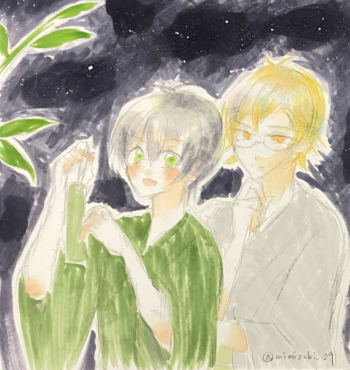 mimizuki_29's tweet photo. 七夕ぽい絵を描こうと勢いだけで描いた。
ホワイトぶち撒ける（言い方）の楽しかったけど全然見えないな…。 https://t.co/tDHgXj0n4D