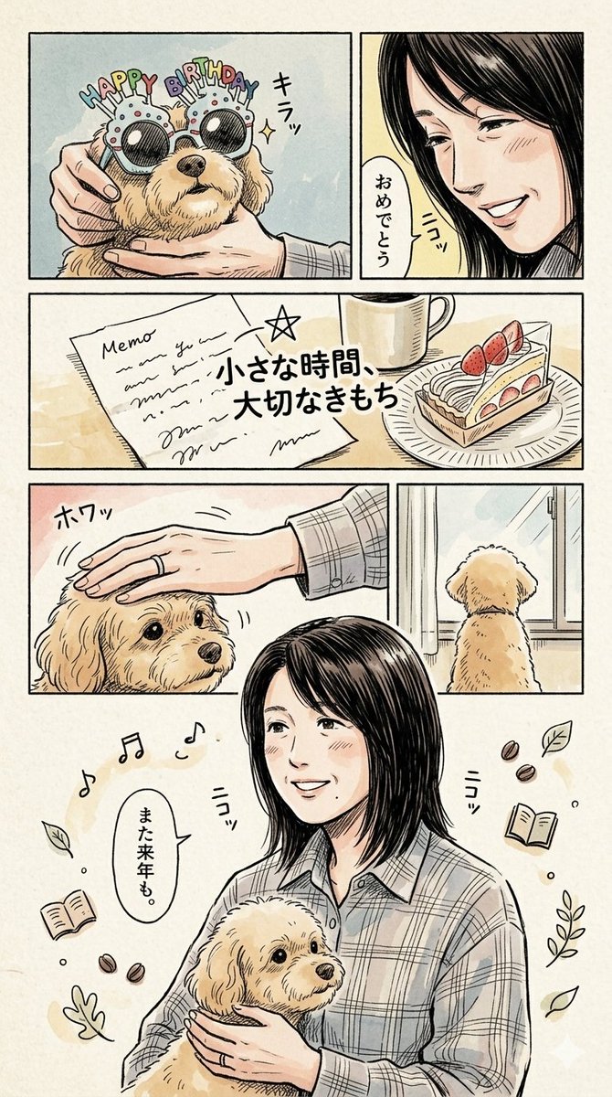 mmmarip's tweet photo. このご時世に、未だAIさんとあまり親しくなれてないのですが、
試しにお願いしてみたらこんなの作ってくれました😂✨

ストーリー性も何もないけど、叶えたい願い事🎋ってこんな日常なのかも🫶

 #ミスチル犬部
 #漫画にしてって頼んでみた https://t.co/4XoOwHNqEX