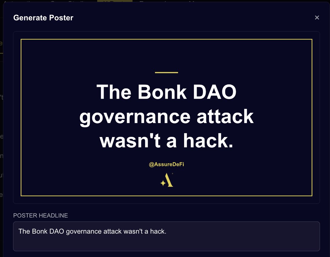 AssureDefi's tweet photo. The Bonk DAO governance attack wasn't a hack.

It was a purchase.

The attacker bought $20M in voting power, passed a malicious proposal, and walked away with the treasury.

No exploit. No vulnerability. Just a broken governance design.

This is why token-weighted voting without time locks, quorum thresholds, and identity verification is a liability.

Your governance model is part of your security surface.

Audit it like one.