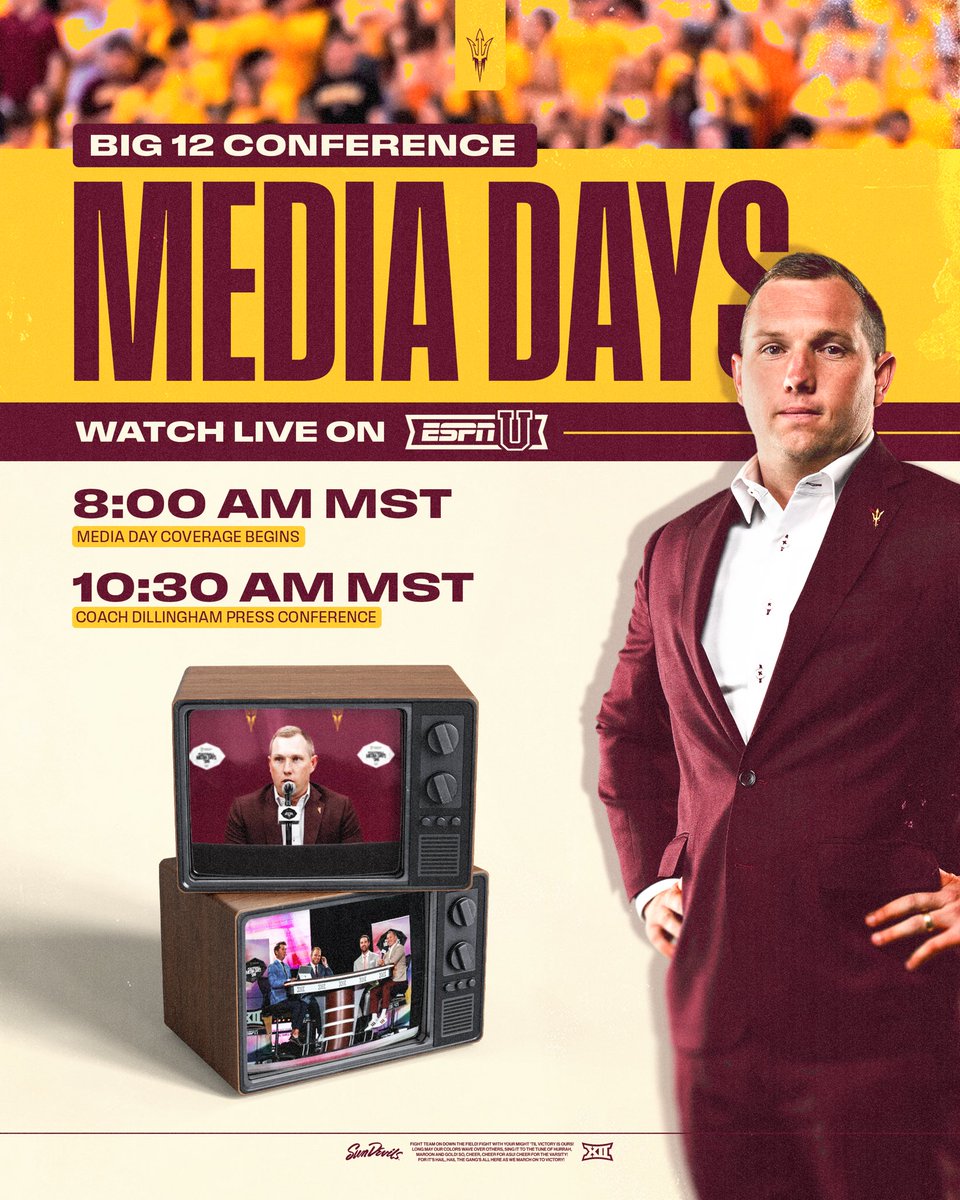 ASUFootball's tweet photo. Big 12 Media Days are HERE ‼️

📺 Tune in on ESPN U or @big12studios https://t.co/uz9dZa0ORj