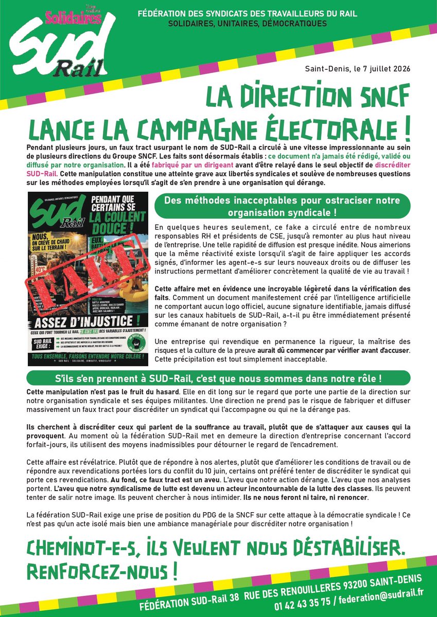 Fede_SUD_Rail's tweet photo. ❌🟢 La direction #SNCF lance sa campagne électorale. 

👊 Cheminot•es, ils veulent nous déstabiliser ; renforcez-nous ! https://t.co/YHywXKEhx9