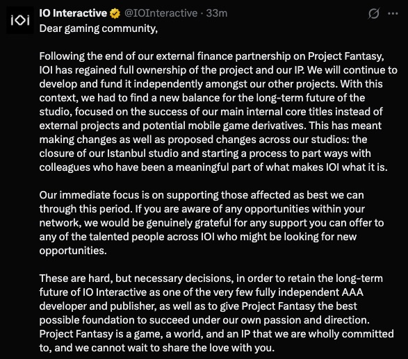 Lbabinz's tweet photo. IO Interactive - IOI has regained full ownership of the project and our IP, Project Fantasy, "We will continue to develop and fund it independently amongst our other projects." https://t.co/vWpgxtm7Kg